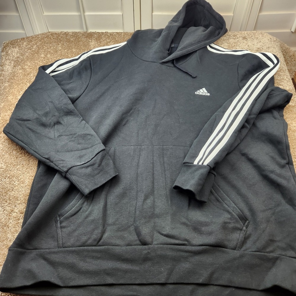 Adidas Mens Essentials 3-Stripes Fleece Pullover Hoodie Black 2XL GK9072